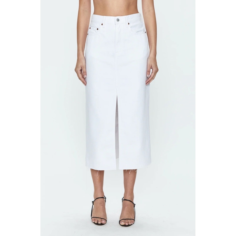 Pistola White High Rise Denim 5 pockets Skirt Front Slit Raw Hem Size 26